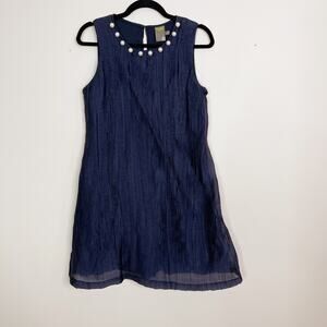 Taylor Pearl Neck Crinkle Texture A Line Sleeveless Cocktail Dress Navy Blue 8